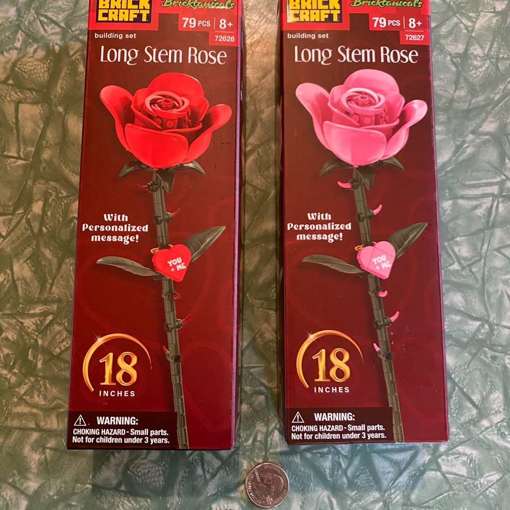 Lot of 2 Brick Craft Long Stem Rose Building Block Set 1 Pink 1 Red 79 Piece Ea.